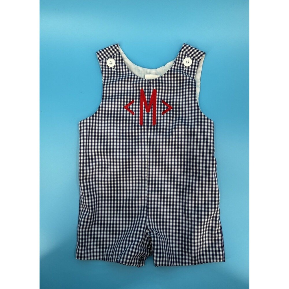 Kelly’s Kids Boys 12M Navy Gingham Monogram Shortall Jon Jon Romper NWOT Vintage